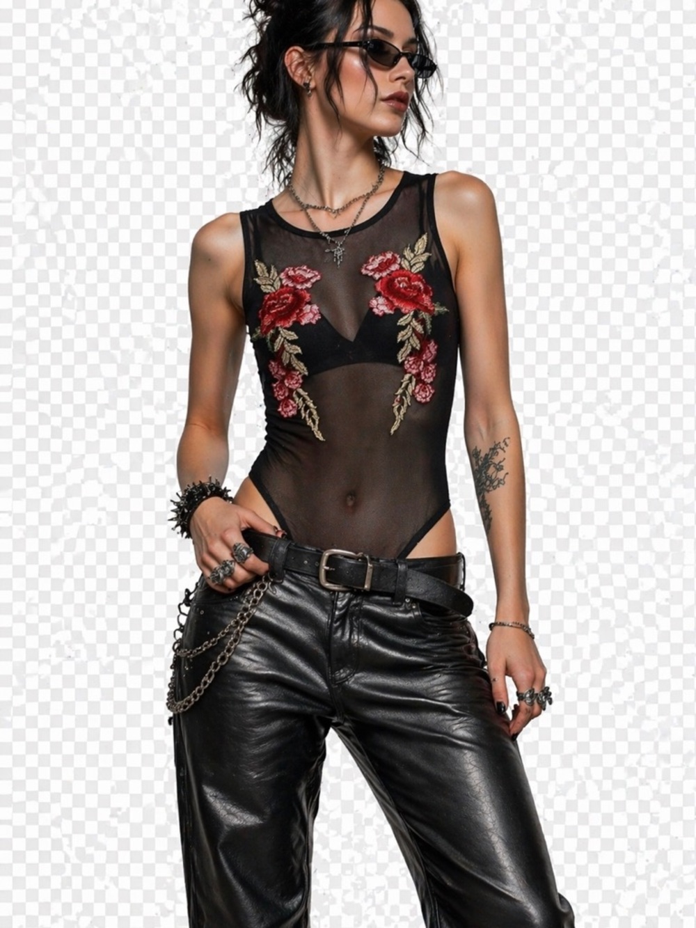 Ambiance Black Sheer Bodysuit with Red Rose Embroidery